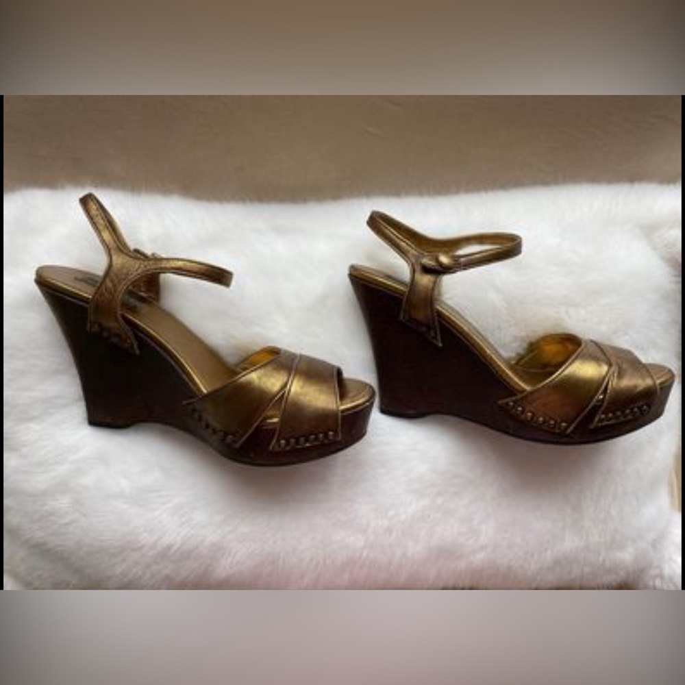 Authentic Prada Gold/Bronze Metallic Wooden Wedge Heels Sandals 36.5 / 6